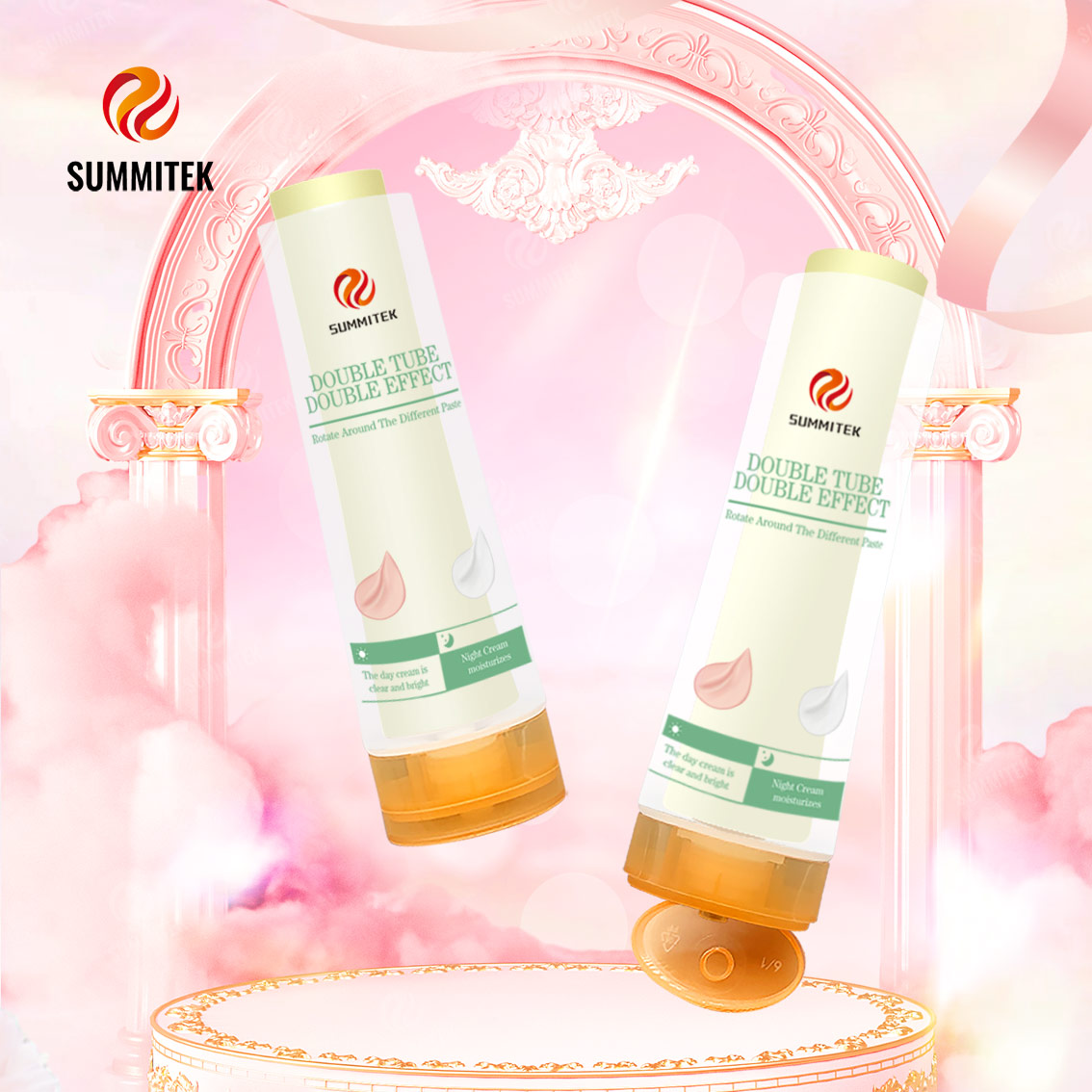 Dual Chamber Double Effect Cosmetic Tubes with Rotating Dispenser
