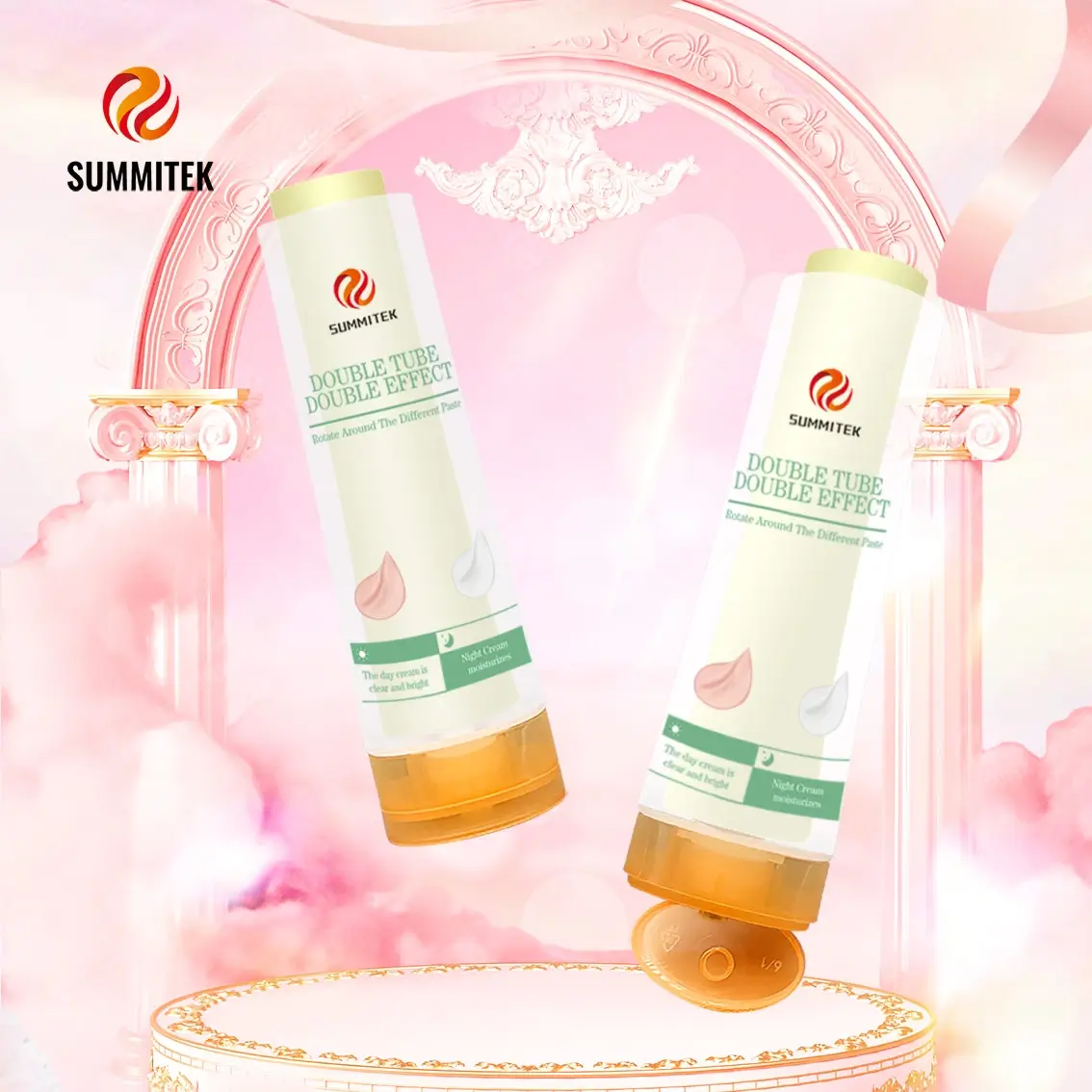 Dual Chamber Double Effect Cosmetic Tubes with Rotating Dispenser