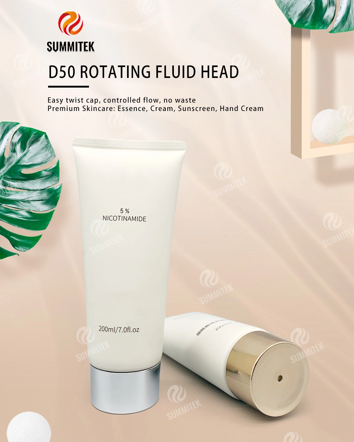 D50 Rotating Dispensing Tube with Electroplated Gold or Silver Cap for Premium Skincare