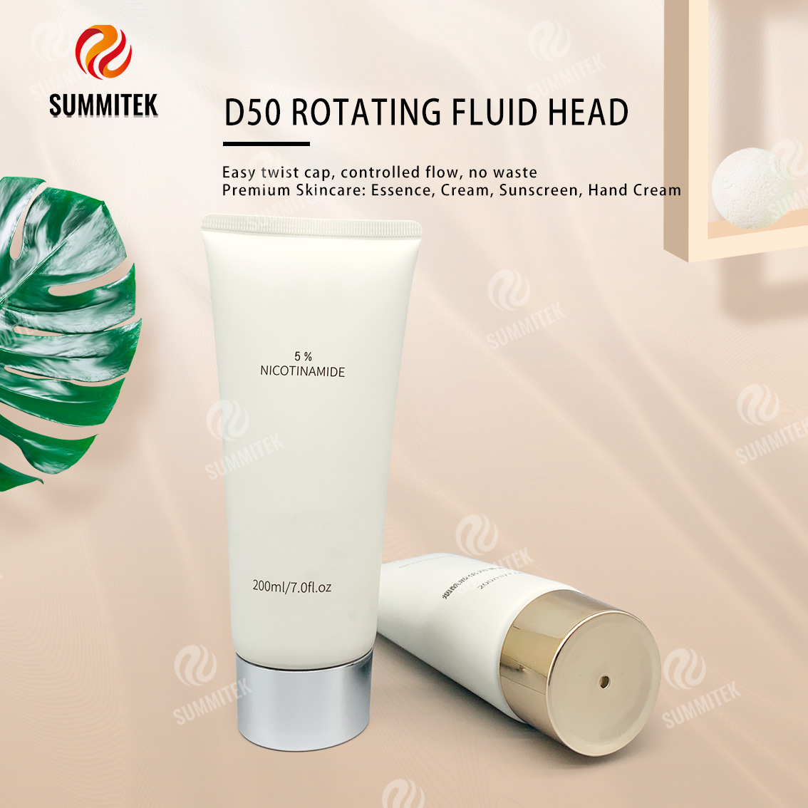 D50 Rotating Dispensing Tube with Electroplated Gold or Silver Cap for Premium Skincare