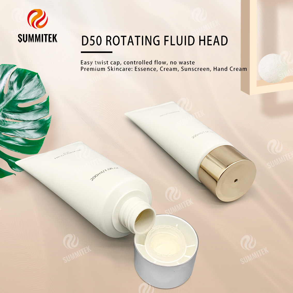 D50 Rotating Dispensing Tube with Electroplated Gold or Silver Cap for Premium Skincare