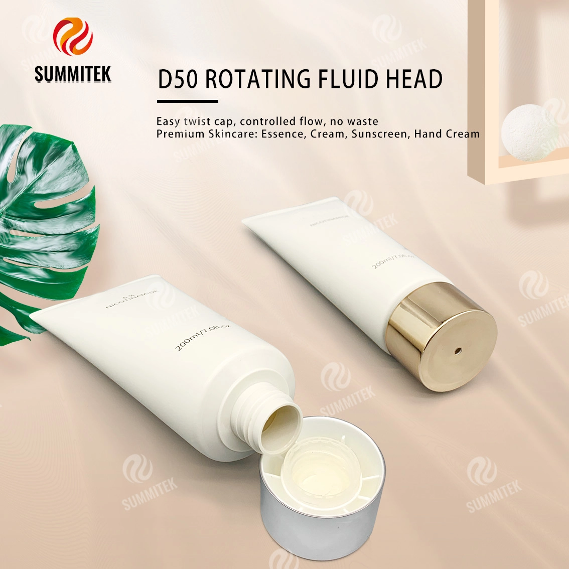 D50 Rotating Dispensing Tube with Electroplated Gold or Silver Cap for Premium Skincare