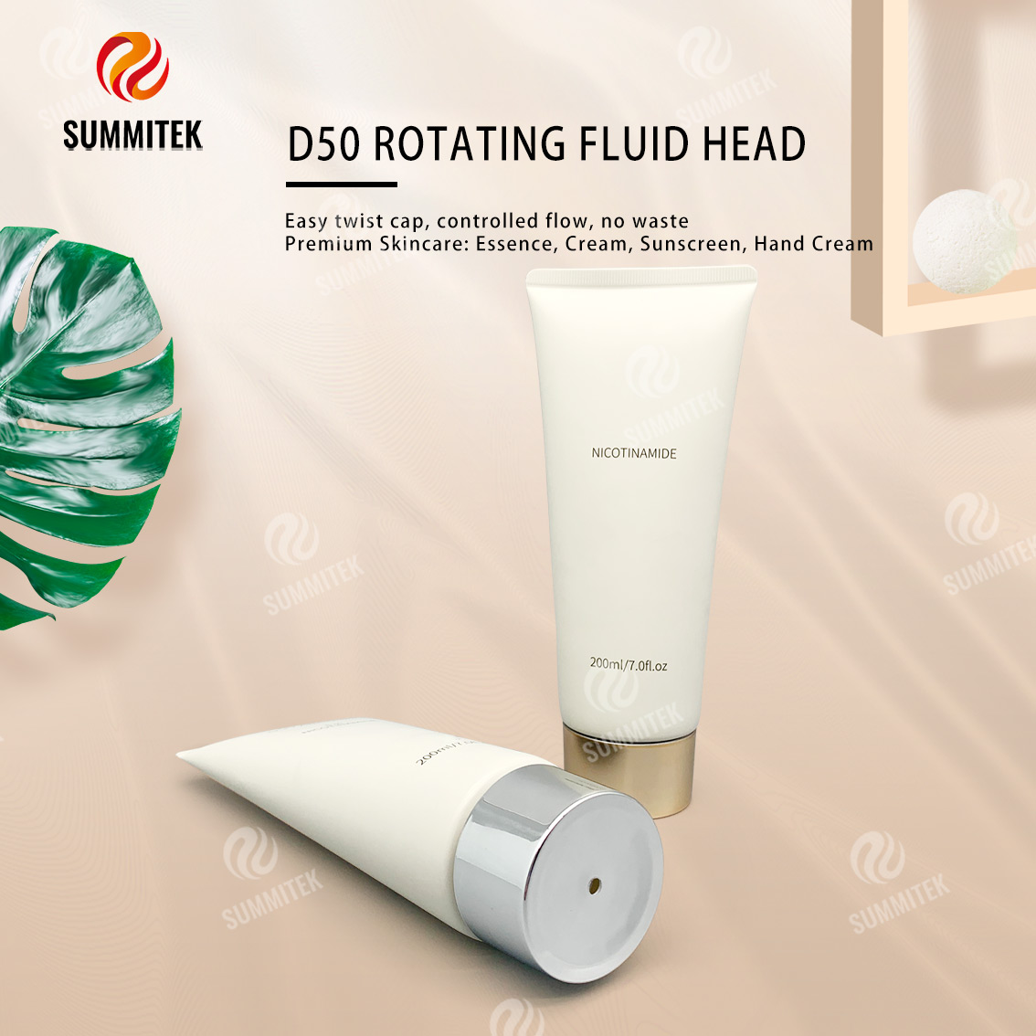 D50 Rotating Dispensing Tube with Electroplated Gold or Silver Cap for Premium Skincare