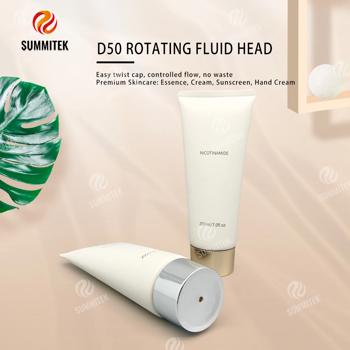 D50 Rotating Dispensing Tube with Electroplated Gold or Silver Cap for Premium Skincare