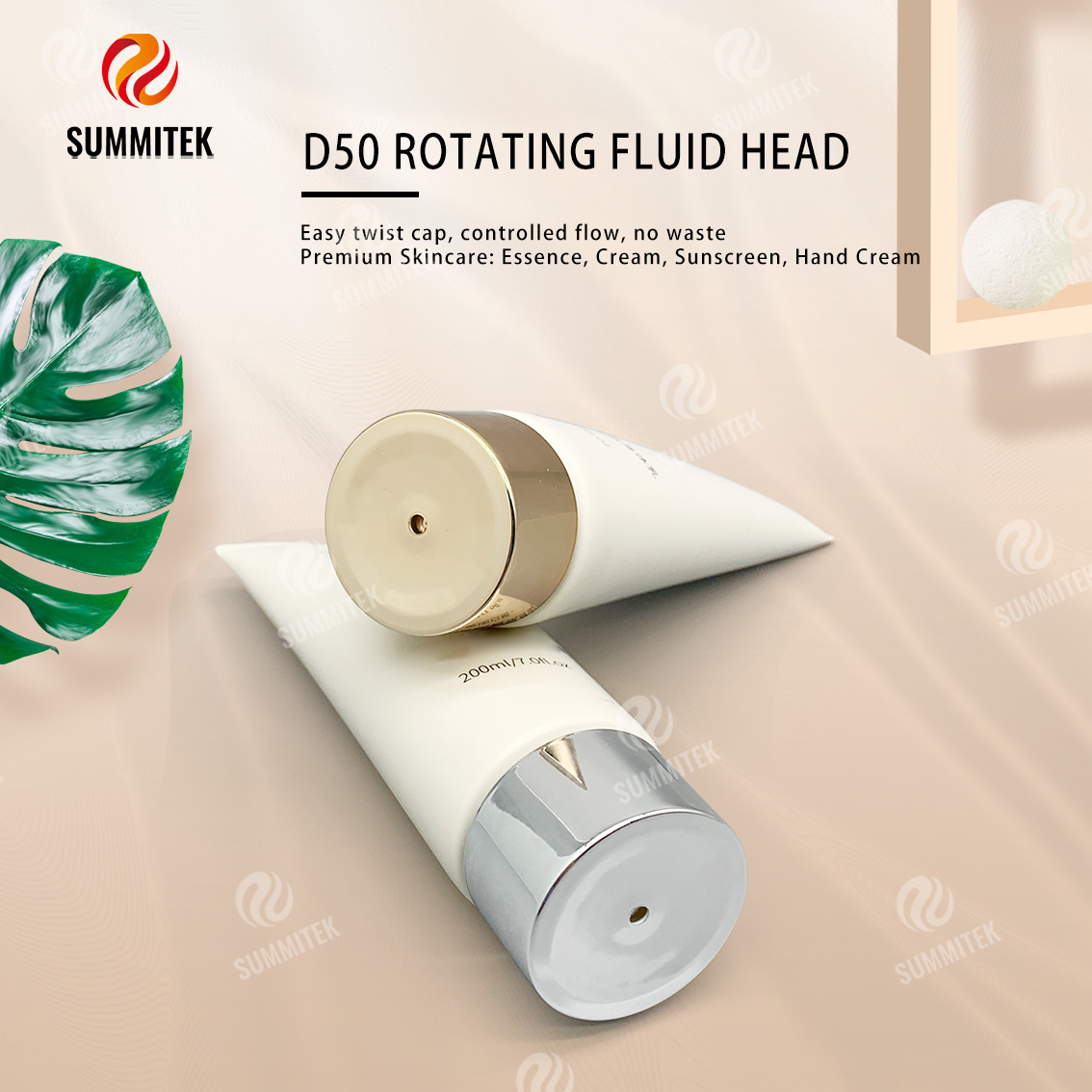 D50 Rotating Dispensing Tube with Electroplated Gold or Silver Cap for Premium Skincare